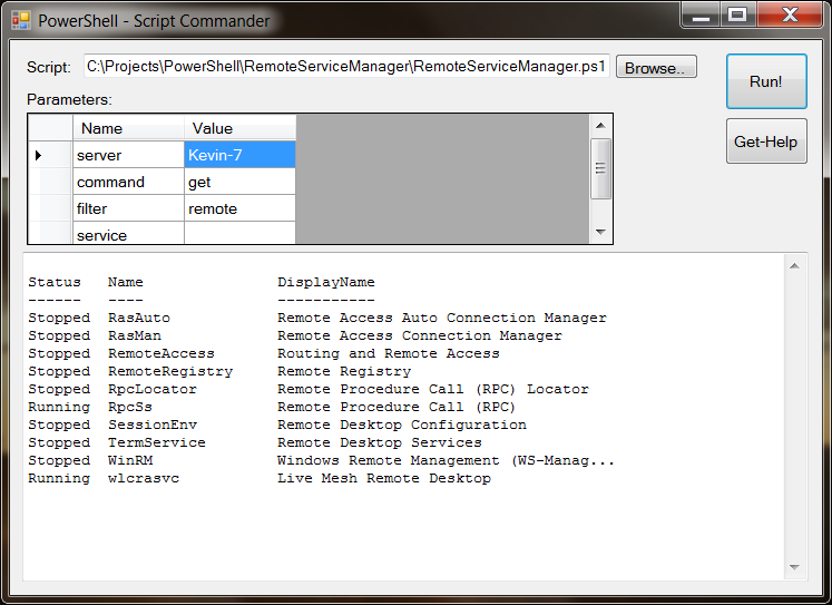PowerShell Script Commander running the RSM script, with parameters