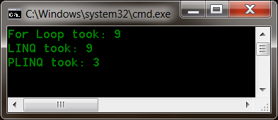 Regular for loop and LINQ compared to PLINQ (with time in seconds)